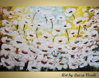 ORIGINAL WHITE FLOWERS 60x36 Original Painting Modern Abstract Palette Impasto Large Artwork by Luiza Vizoli