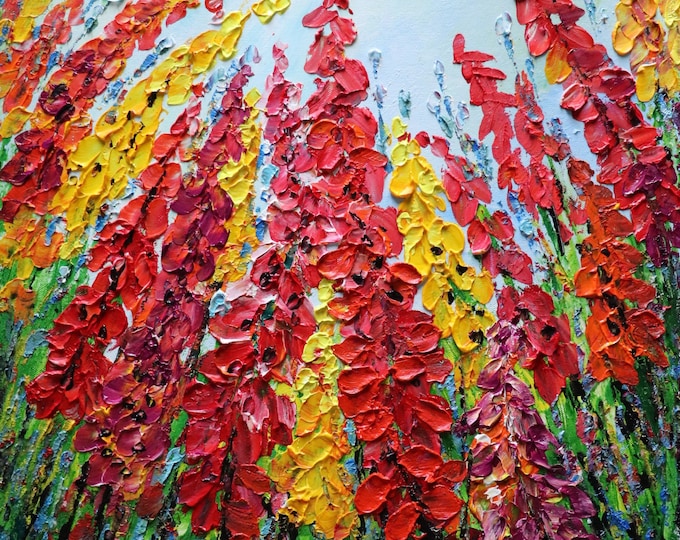 Wildflowers Lupine Red yellow Flowers Original Oil Painting Flowers Meadow Art by Luiza Vizoli