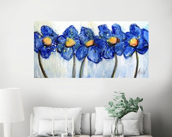 Blue Poppies Original Oil Painting: Abstract Floral Canvas Art Large