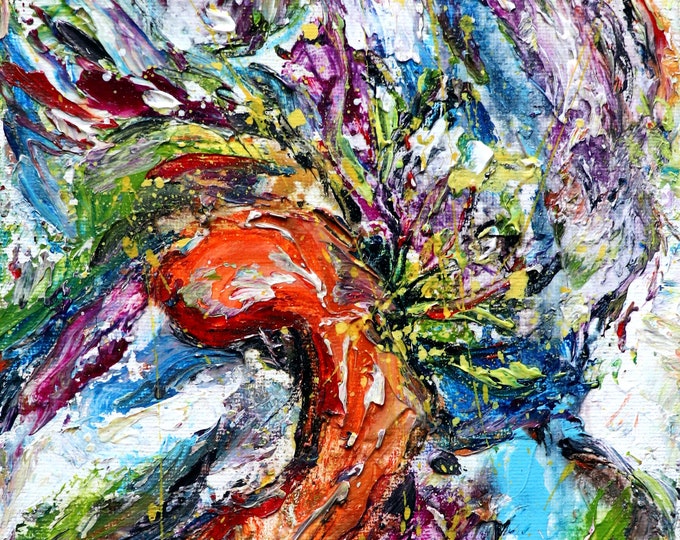 original abstract flower painting Bird of Paradise oil textured canvas, signed, direct from artist studio