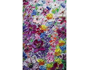 Purple Blue Pink White Wildflowers Original Painting Vertical Canvas Art by Luiza Vizoli