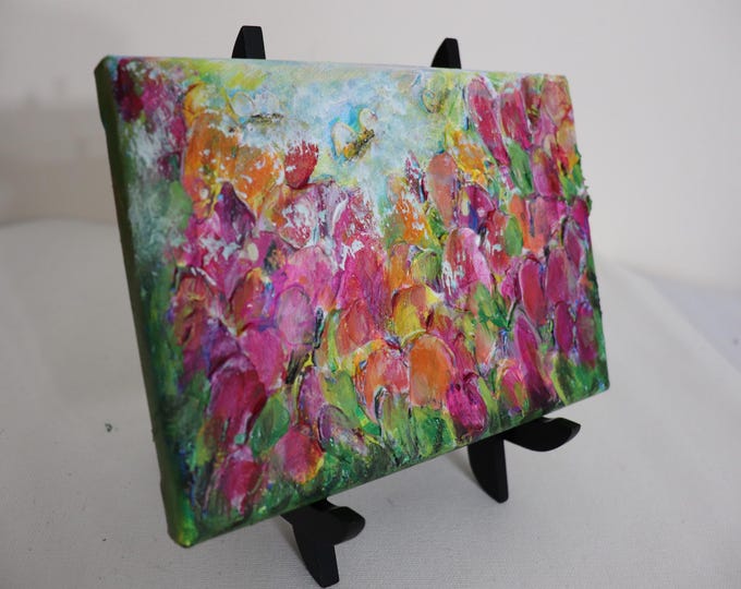 Original Wildflower Painting with Bees, Colorful Textured Floral Art, 5x7