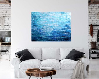 WATER Reflections OCEAN Deep Coastal Abstract Beach Painting Original Oil Impasto Textured Canvas Blue White Minimalism Art Luiza Vizoli