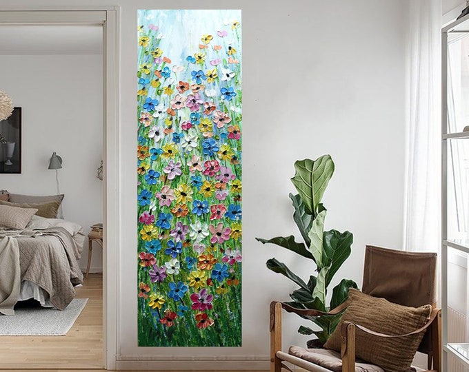 Large painting Wildflowers Forget Me Not Daisy Prairie Flowers Tall Vertical Art ORIGINAL Painting for staircase, entryway