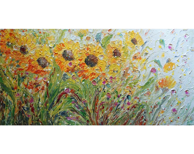 SUNFLOWERS Meadow Flowers Original Handmade Oil Painting Impasto Textured Art for Office A NEW DAY