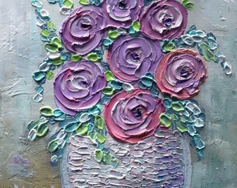 Ranunculus flower oil painting, lavender pink purple bouquet, spring floral impasto canvas art, Colorful Artwork