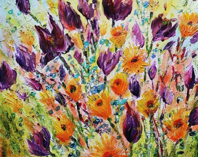 Textured Tulip Painting 20x20 | Purple & Orange Wildflowers Art