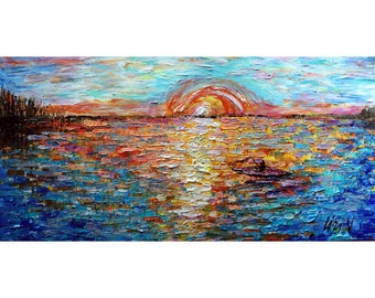 Colorful Rich Oil Impasto Textured Sunset Lake Fishing Boat Original Painting Ocean Sea Abstract art for business, office, lake house