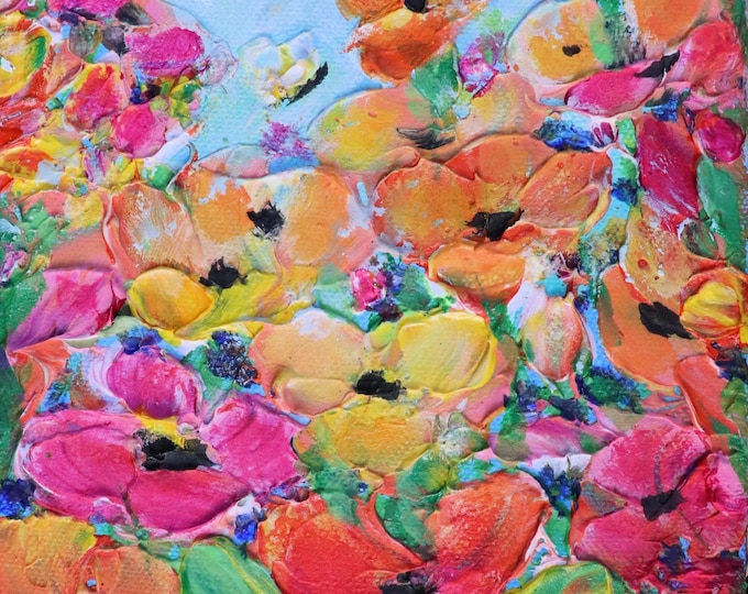 Original Floral Painting 6x6 Textured Impasto Art, Blooming Happiness