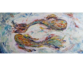 Colorful Koi Fish Oil Painting: Textured Abstract Canvas Art, 36" x 18"