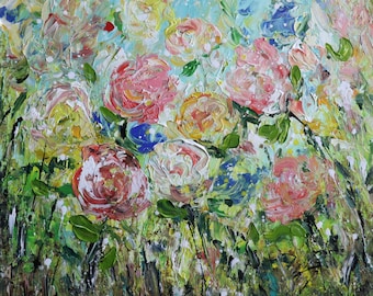 Textured Floral Painting Soft Garden Flowers Wall Art Pastel Bloom Canvas Original 24x24