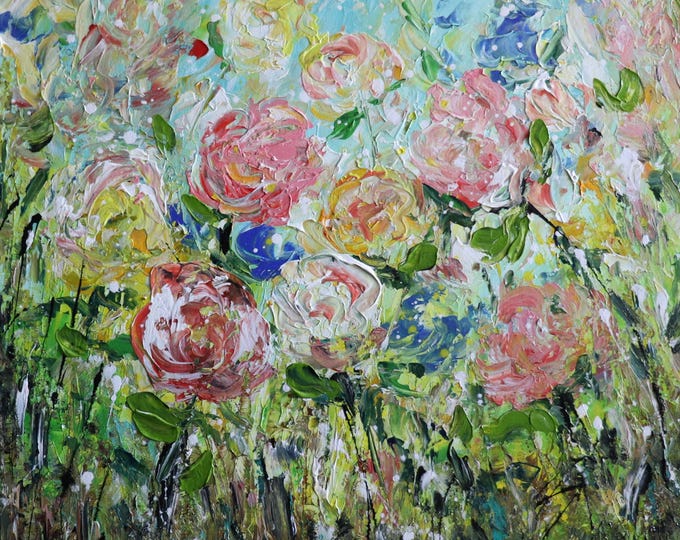 Textured Floral Painting Soft Garden Flowers Wall Art Pastel Bloom Canvas Original 24x24