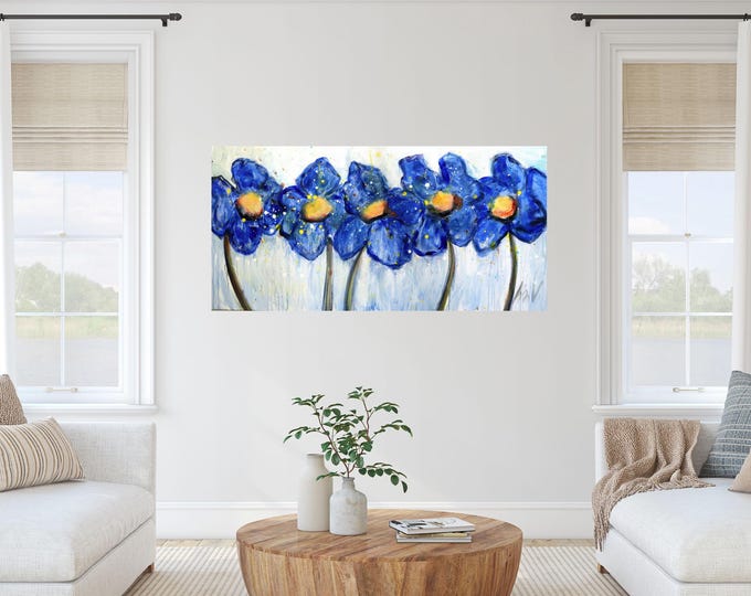 Original Painting, Contemporary Art, Blue Poppies, Modern Abstract Floral Canvas, Colorful Artwork, Flowers Impressionism Oil