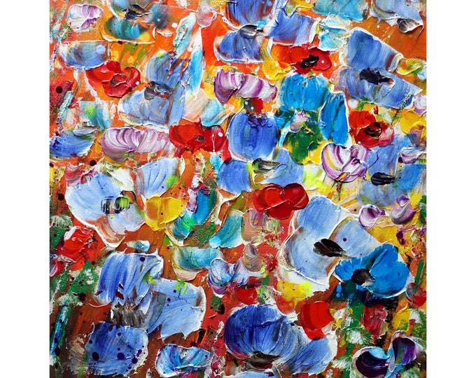 Country Flowers Field Blue Red Yellow Orange Beautiful Blooming in VIVID COLORS Art by Luiza Vizoli, ready to ship