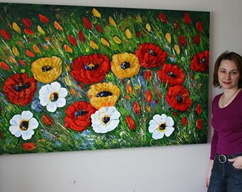 SUMMER FLOWERS--Modern Original Palette Knife Impasto Oil Painting Custom Painting LARGE