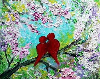 Red Love Birds Spring Painting Oil Impasto Textured Original Art Cherry Blossom