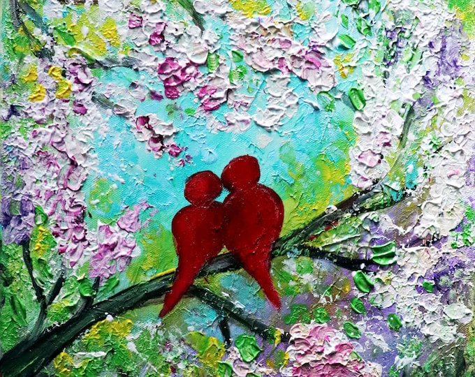 Red Love Birds Spring Painting Oil Impasto Textured Original Art Cherry Blossom