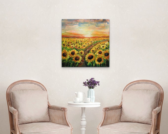 Sunflowers Fields Summer Flowers A Little Piece of Italy Landscape Original Oil Painting on square canvas Ready to Ship Art by Luiza Vizoli