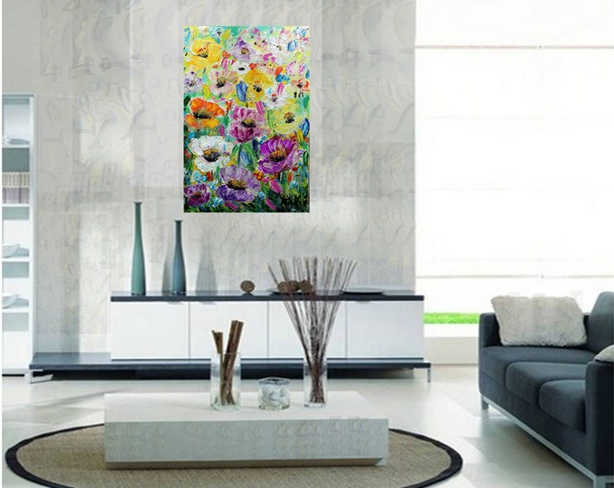 Textured Wildflower Oil Painting: Colorful Floral Impasto Art (24x36)