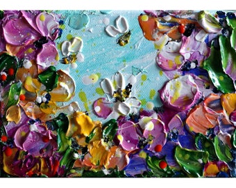 Spring Bees and Flowers Original Oil Painting Art by Luiza Vizoli CUSTOM SMALL ART 4x6, 6x8
