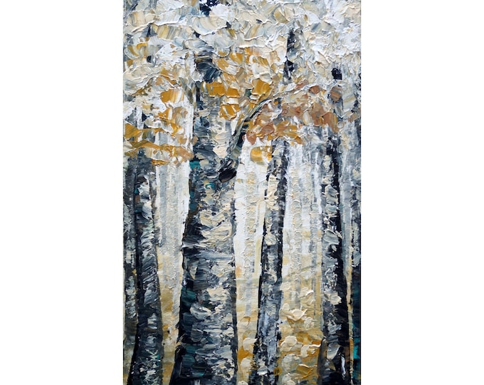 Mellow Morning Original White Gray Cream Textured Oil Painting Birch Trees will bring a fresh calming look to any decor, Vertical Canvas