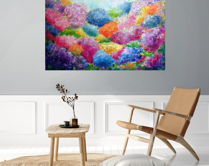 Summer Symphony Hydrangea Haven Colorful Flowers Oil Impasto Original Painting Large Canvas