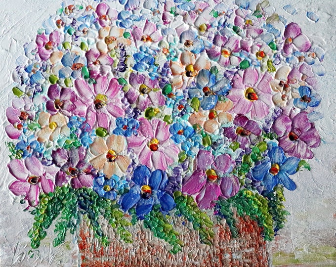 Country Flowers Basket, Original Painting, Wildflowers Bouquet, Rustic Textured Oil Art