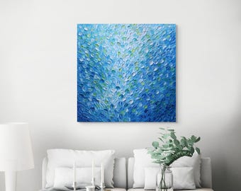 Textured Abstract Painting, Blue Water Reflection Ocean Drops Art, Original Coastal Canvas Wall Art, Large Seascape