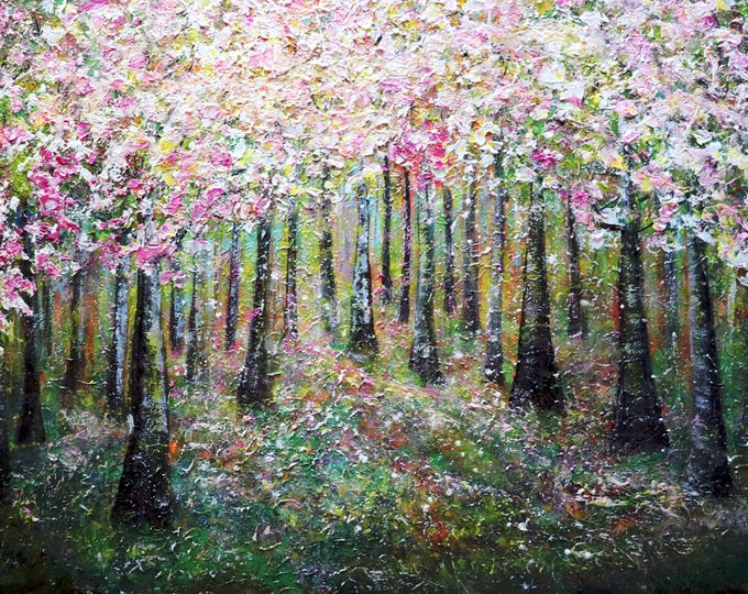 Springtime Cherry Forest Oil Painting Large Canvas, Modern Impressionist Nature Artwork, Blooming Pink Cherry Trees, Textured Original Art