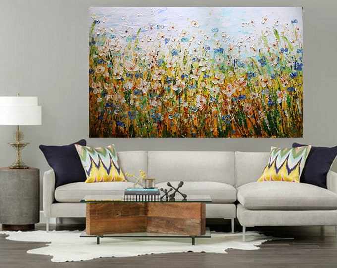 Daisy Forget Me Not Meadow Flowers Fields Large Painting Lost in the Flowers Field Living Room Art Original Handmade XXL