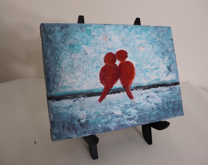 Original Oil Painting Two Red Birds 5x7 Small Canvas Art Signed Luiza Vizoli