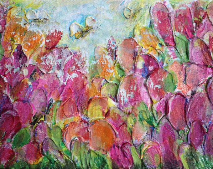 Original Wildflower Painting with Bees, Colorful Textured Floral Art, 5x7