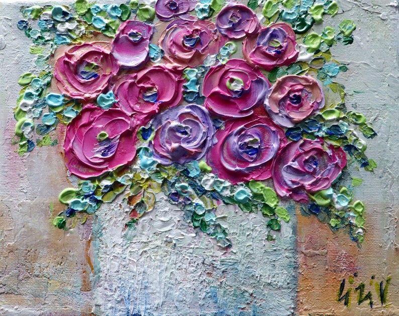 Original Ranunculus Flowers Pink Lavender Purple Fuchsia Colors Impasto Oil Canvas Art by Luiza Vizoli image 3