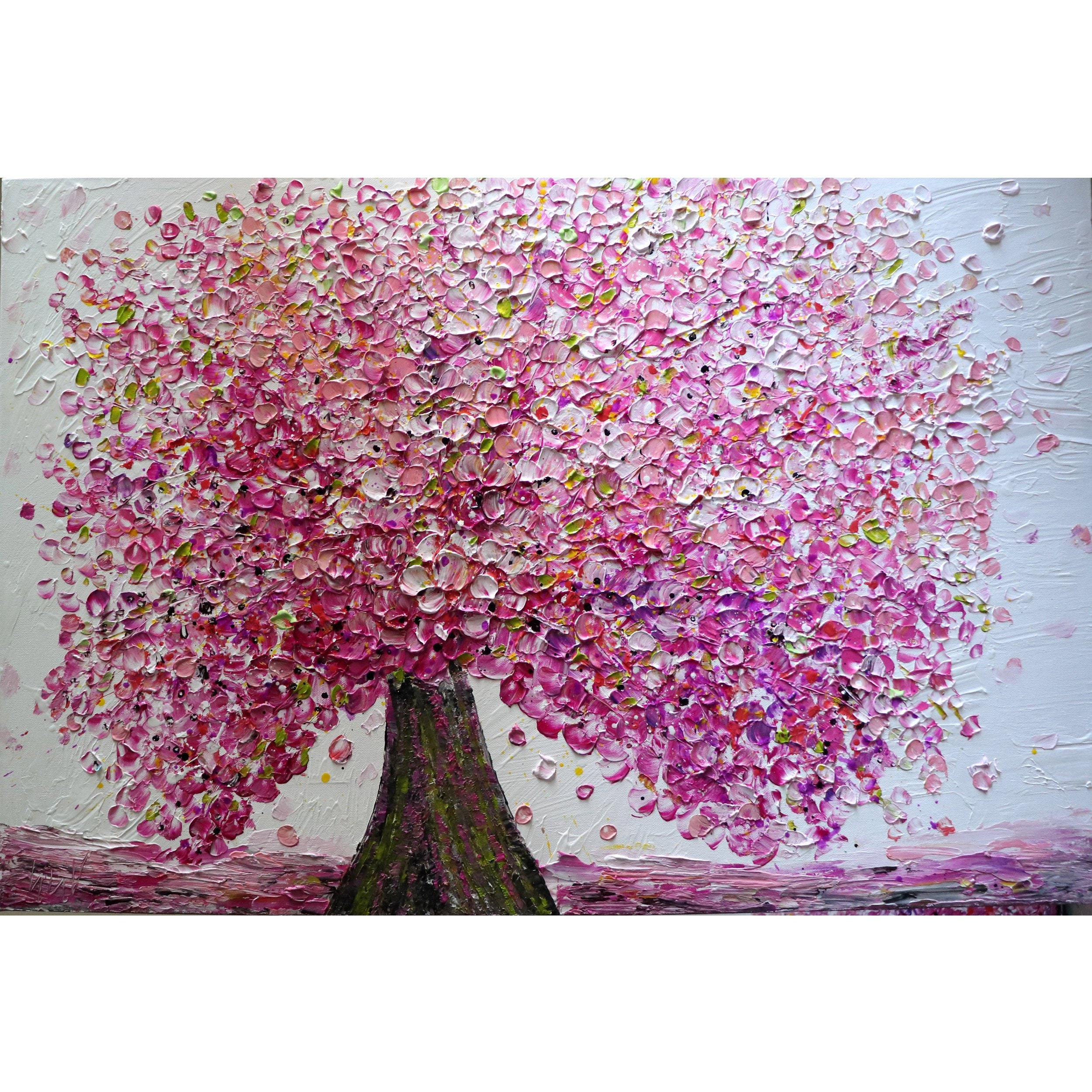CHERRY SAKURA Pink Blossom Impasto Oil Abstract Painting