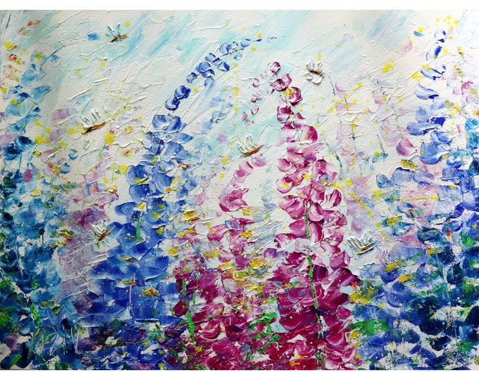 Bees and Butterflies Lupine Flowers Garden in Bloom Original Painting Impasto LARGE CANVAS Art by Luiza Vizoli