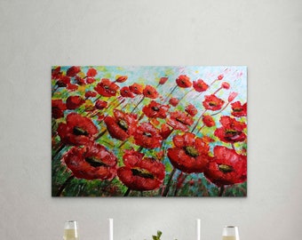 Poppy Artwork, Flower Painting, Wild Flowers Oil Art, Original Impressionism Oil Canvas