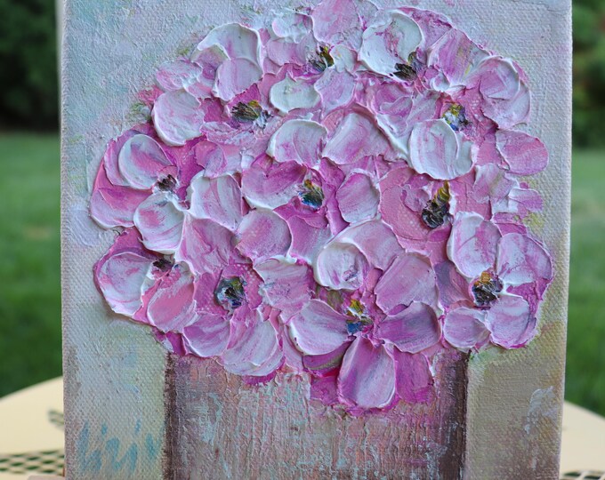 Original Pink Floral Painting, Textured Flower Bouquet Art, 6x6