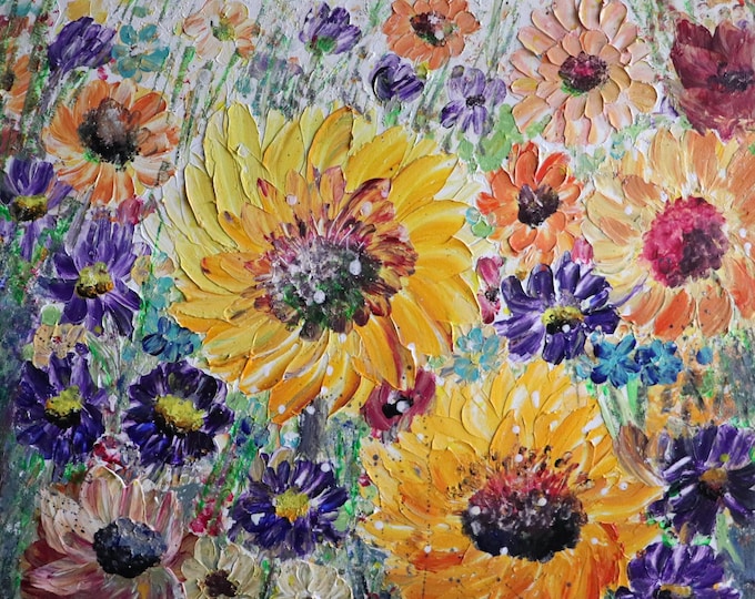 Original Autumn Flower Oil Painting, Textured Floral Art, 30x30 Canvas by Luiza Vizoli