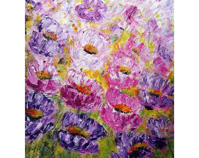 Spring Peonies Flowers in Bloom Pink Purple Lavender Yellow Green Lovely Colors Textured Impasto Painting Art by Luiza Vizoli