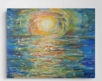 Original Abstract Sunset Painting, 20x16 Oil Acrylic on Canvas