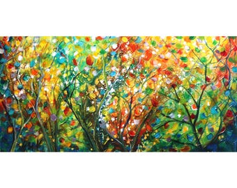 Abstract Four Seasons Leaves Impasto Oil Painting - Large Textured Canvas Art by Luiza Vizoli, Ready to Hang