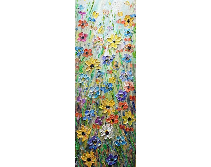 Forget Me Not Cornflower Wildflowers Black-Eyed Susan Daisy Prairie Flowers Tall Vertical Art ORIGINAL Painting for staircase,  entryway
