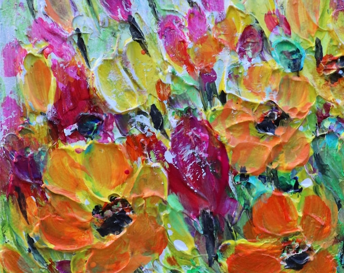 Original Small Wildflower Painting, Colorful Textured Floral Meadow Art, 5x7