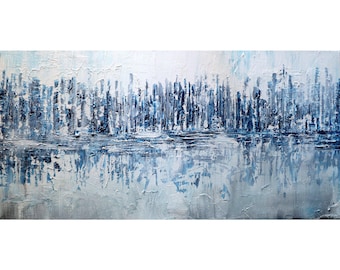 Reflections in Blues, Whites, and Grays: Modern Abstract Acrylic Textured Painting - Winter Palette, Hand-Painted and Signed by Artist