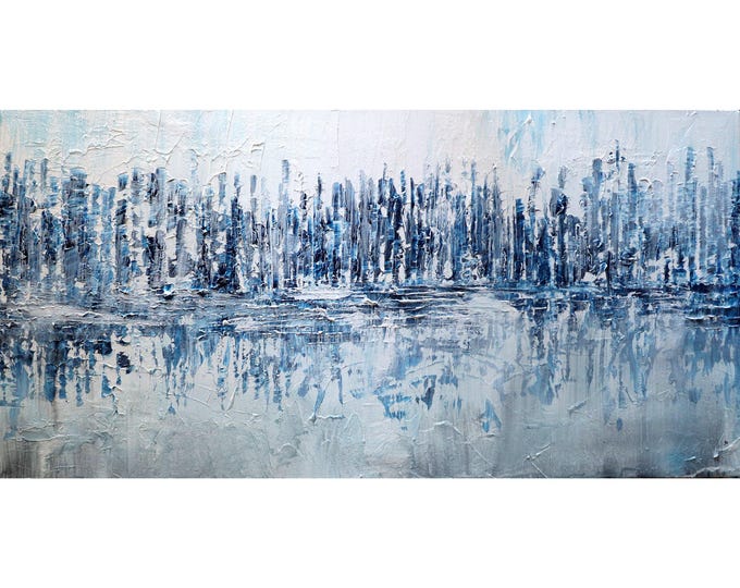 Reflections in Blues, Whites, and Grays: Modern Abstract Acrylic Textured Painting - Winter Palette, Hand-Painted and Signed by Artist
