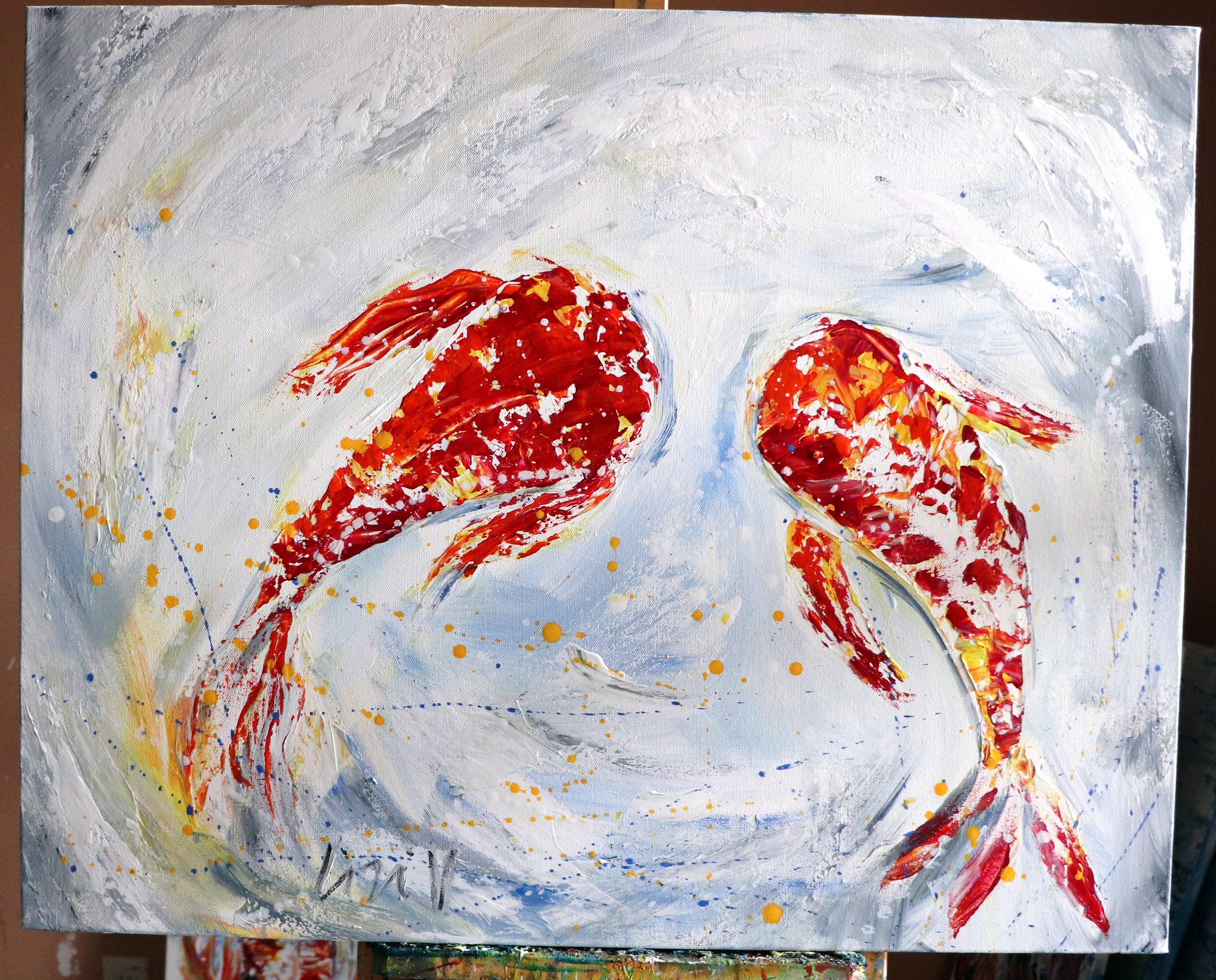 RED Pair of KOI FISH Abstract Painting Palette Knife Textured Artwork