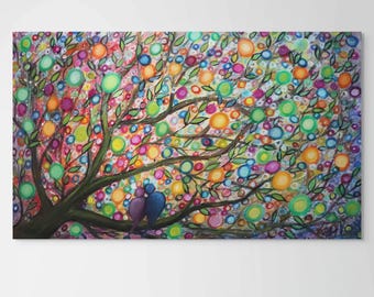 Original Birds Painting – Whimsical Vibrant Life Colors 60x36 Large Artwork