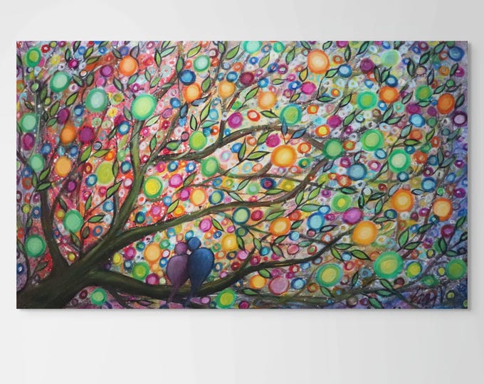 Original Birds Painting – Whimsical Vibrant Life Colors 60x36 Large Artwork