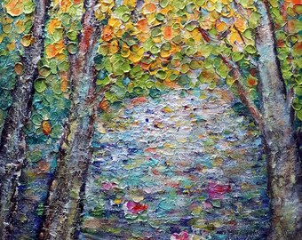 Fall Foliage Water Lilies JAPAN Changing Colors Trees Original Palette Impasto Oil Painting on Canvas Modern Impressionism Art