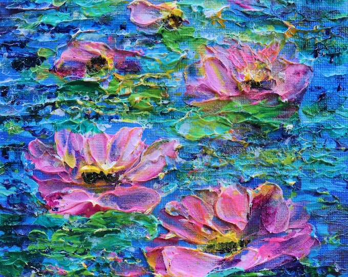 Pink Water Lilies Painting 5x5 Original Textured Floral Art